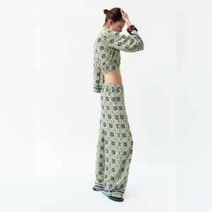 Zara Patterned Wide-Leg Pants - Blue and Green